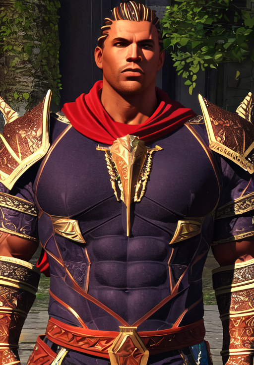 a man, <lora:Redguard-Male:0.8>, Redguard-Male, 1man, solo, upper body, shoulder armor, red cape,, Heroic, muscular, strong, ripped, chiseled, Adonis-like, powerful, sculpted, Inverted triangle body shape, (masterpiece, best quality, absurdres, detailed, ultra-detailed:1.3), glamorous