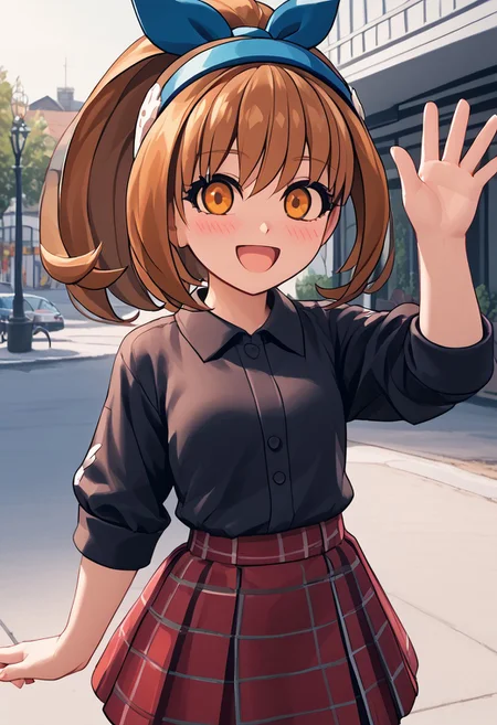 score_4,score_5,score_6,score_7_up,score_8_up,score_9 ((masterpiece,best quality,ultra detailed,highres,HD,4k:1.2)),
Azure Striker Gunvolt(Main),shining highlights,
1 cute girl,solo,girl forcus,solo forcus, 
outdoors,
Kohaku(iX),brown hair, orange eyes, ponytail, sidelocks, hair band, blue hairband,
polo shirt,black shirt,plaid skirt,red skirt, 
Waving, waving to the viewer, jumping,
smiling, blushing, happy, cheerful,