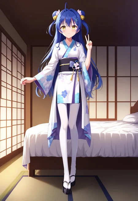 safe_pos, safe_pos, safe_pos, safe_pos, safe_pos, safe_pos, safe_pos, safe_pos, score_9, score_8_up, score_7_up, score_6_up, masterpiece, source_anime, high quality, perfect face, detailed eyes, perfecteyes, perfect balance, detailed face, detailed background, uncensored, newest, absurdres, highres, very aesthetic, highly detailed background, indoor, bedroom, bed, windows, night, by typehatena,
AmyaKokoro, yellow eyes, blue hair, long hair, two side up, ahoge, hair bell, x hair ornament,
KokoroYkta, yellow eyes, blue hair, twin bun, hair bun, ahoge, hair bow, hair ornament, white kimono, gradient kimono, print kimono, black sash, white pantyhose, small breasts,
1girl, solo, full body, long legs, tall female, long calves, long legs, tall_girl,long_legs, low angle, very long leg, skindentation, standing, full body shot, full body shot:1.9, full view:1.9, closed mouth, shy, blush, peace sign