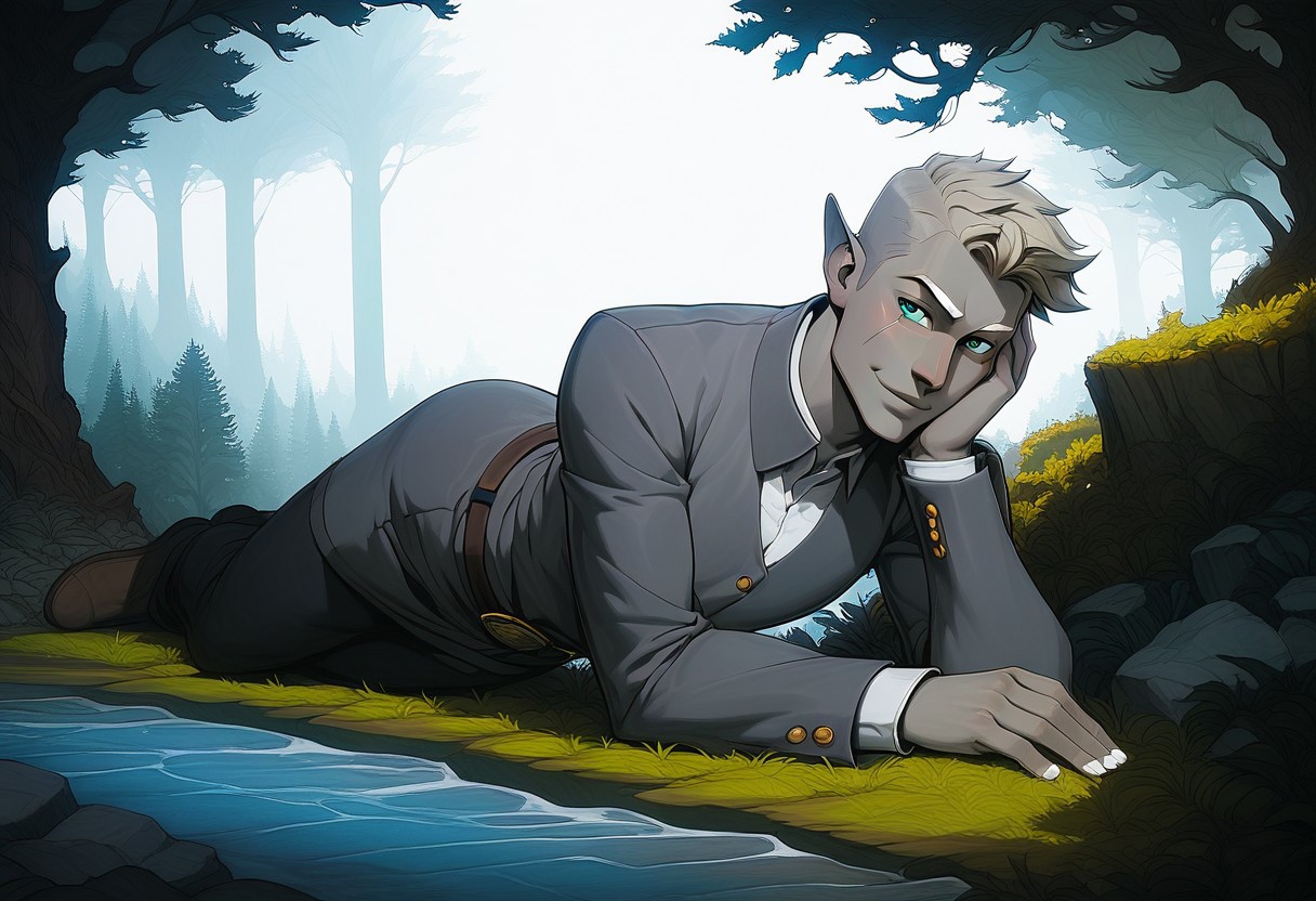 (score_9, score_8_up:1.1), score_7_up, score_9, score_8_up, score_8, score_7_up, dynamic angle, ((full body)), masculine, relaxing, leaning on riverbank, 1boy, solo, sexy, athletic, vox machina style, solo, warlock, fantasy, forest background, (dynamic lighting:1.1) ((masterpiece)), detailed eyes, (((detailed iris))), pupils, perfecteyes, perfect eyes, best quality, ((masterpiece)), sharp cheekbones, gaunt face, defined cheekbones, 28 years old, (adult, mature), hard face, slight smile, ((thin lips)), (half_elf:0.5), dark elf, (((grey skin))), white hair, (((short hair))), professional, (legion haircut), (short cut sides), (short bangs), (((white eyebrows))), light eyebrows, ((((pale grey ((((short)))) tipped ears)))), pointed_ears:0.5, ((short pointed ears)), eyebrow scar on left side of face, cheek scar, ((detailed turquoise eyes))