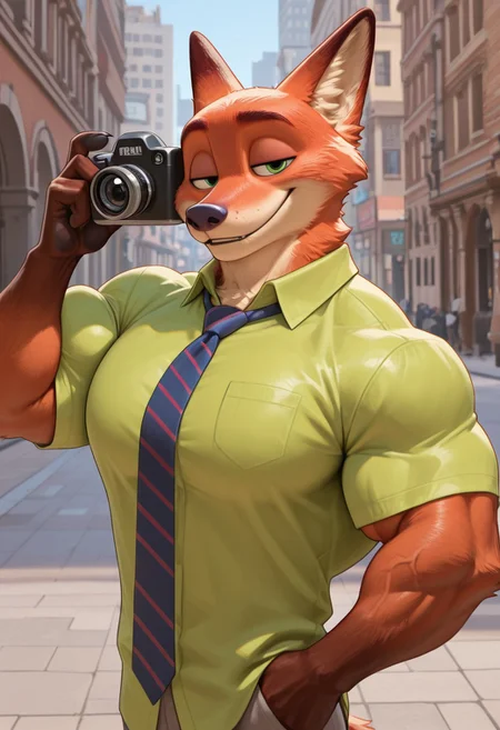 (masterpiece, best quality:1.2), amazing quality, very aesthetic, 32k, absurdres, extremely beautiful, newest, scenery, extra details, (sharp detailed:1.2),
solo, city street, sunny day,
green shirt, tie, smiling, waking toward camera,
(anthro:1.5), (nickwilde:1.2, male anthro fox), two tone fur, fox ears, red fur, white fur, green eyes,
<lora:Furry_Anthro_Lora_Nick_Wilde_Zootopia:0.8>
Muscle, bigger_muscles, large_muscles, hyper_muscles, huge_muscles,hyper muscles, huge_muscles, biceps, enormous_muscles, huge_biceps, huge_pecs; inflated_muscles, muscleblimp, gigantic_pecs, gigantic_biceps, gigantic_muscles, massive_muscles, massive_biceps, massive_pecs, muscular_chest, gigantic_body
