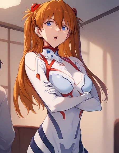 score_9, score_8_up, score_7_up,ken-1,highres, 1girl,  <lora:[pony]ken-1:1>, curvy,large breasts,  <lora:souryuu asuka langley for pony:1>,souryuu asuka langley, white bodysuit,indoors,crossed arms, standing,looking down,looking at viewer, parted lips, open mouth,  troubled eyebrows