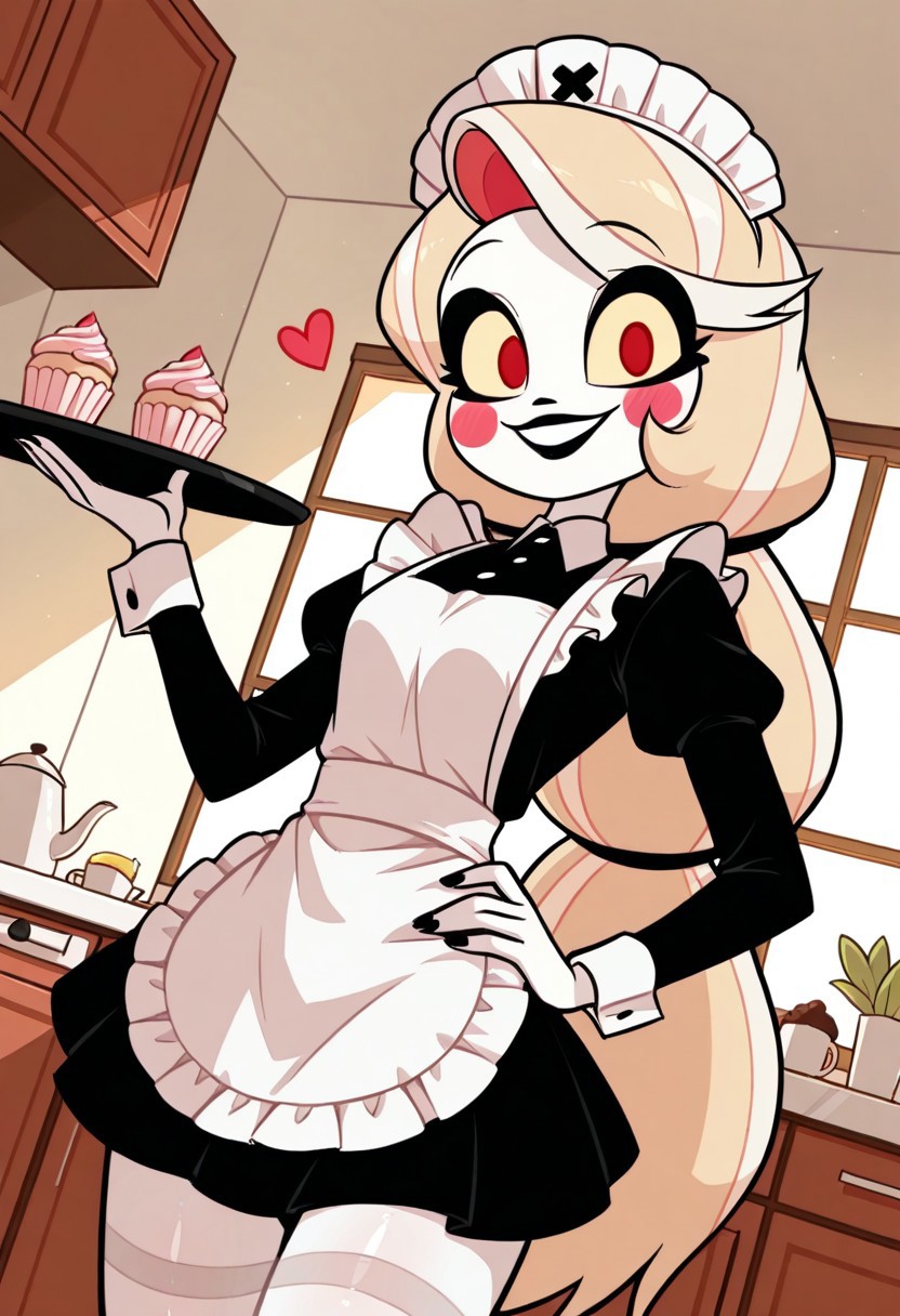 score_9, score_8_up, score_7_up, score_6_up, score_5_up, source_cartoon, 1girl, solo, female, charlie morningstar, blonde hair, very long hair, low-tied long hair,  red eyes, yellow sclera, blush stickers, glossy black lips, cute, indoors, kitchen background, wear maid outfit, maid cap, skirt, white stockings, white apron, holding tray of cupcakes, one hand holding a cup of coffee, one hand on hip, Perfect anatomy, anatomically correct, extremely detailed, look at viewer, close up, cowboy shot, cute smile, heart hands, looking_at_viewer, floating hearts, blushing, dynamic angle, dynamic lighting,