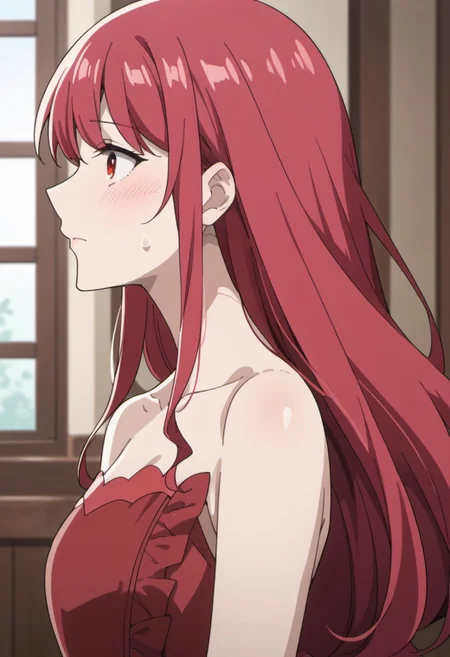score_9, score_8_up, score_7_up, source_anime, leeler sophia, red hair, red eyes, long hair, 1girl, solo, anime coloring, blush, profile, upper body, from side, bare shoulders, dress, indoors, sweatdrop, red dress, collarbone, strapless