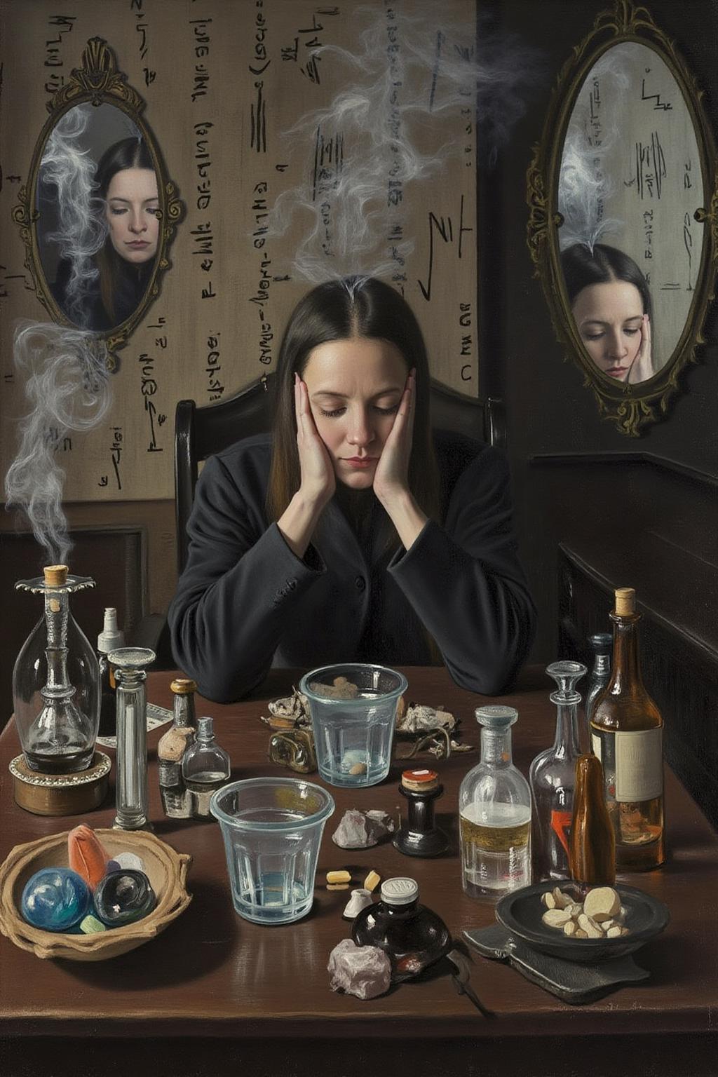 lauritsandersenring1 painting. a woman seated at a cluttered table, surrounded by mirrored reflections of herself. The scene is filled with translucent glass cups, pill containers, and small bottles, all creating an eclectic and moody atmosphere. Smoke rises around her, adding a dreamlike quality, while a wallpaper of hand-drawn symbols or calligraphy fills the background.  <lora:lauritsandersenring1_cap_d8a4e13:1.0><lora:857023179728669645:0>