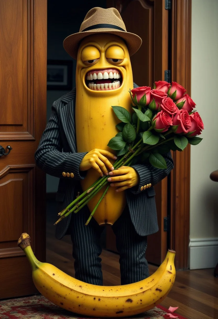 Hyper-realistic surreal photo of a sad banana with dentures, wearing a hat and a pinstriped suit. Standing by the bedroom door with a bouquet of roses, a large banana peel lay by his feet