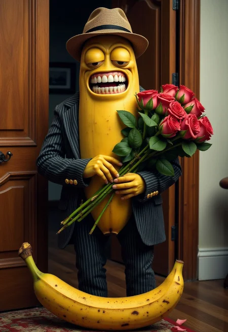 Hyper-realistic surreal photo of a sad banana with dentures, wearing a hat and a pinstriped suit. Standing by the bedroom door with a bouquet of roses, a large banana peel lay by his feet