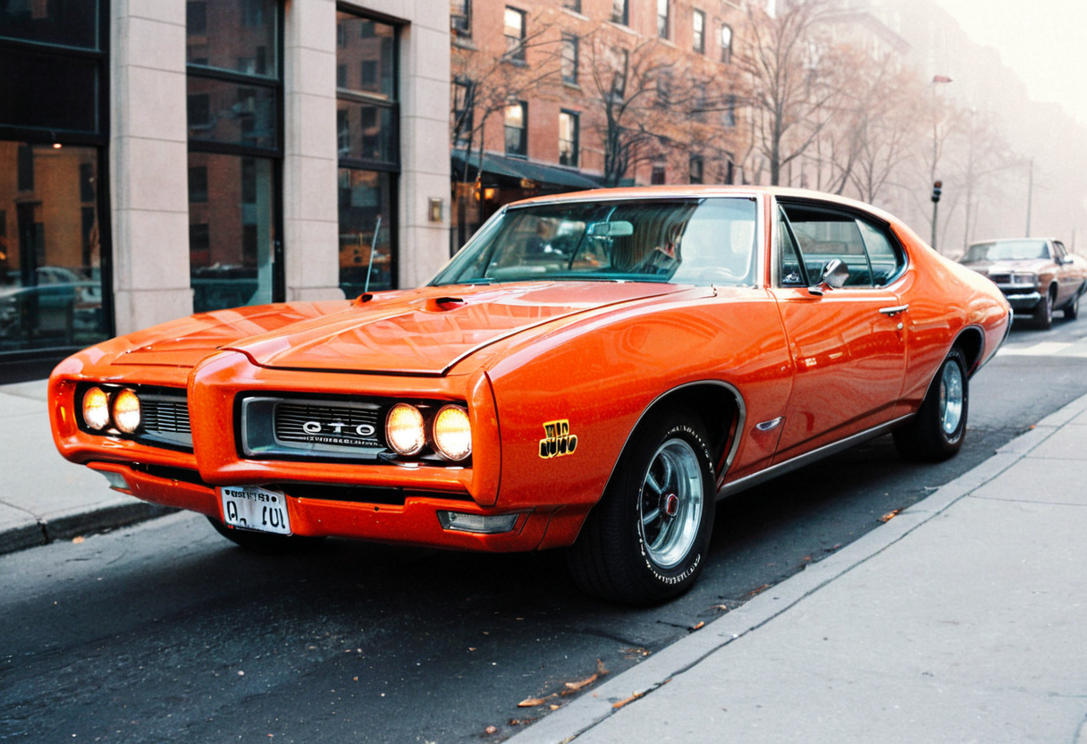 ClassicMuscleCar, orange Pontiac GTO, front side view, foggy morning, New York street, bright headlights, 4K, highly detailed, ((stylish grainy analog 35mm film photo))