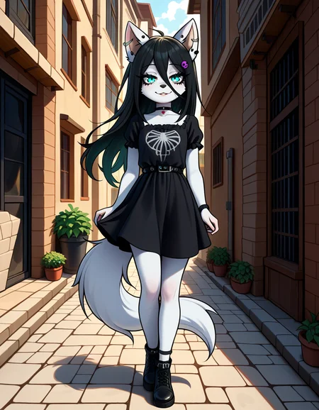 masterpiece, best quality, very aesthetic, absurdres,
outdoors,
full body, standing, posing,
goth fashion,
seductive smile, parted lips, long eyelashes,
<lora:Angel_v01_NAIXL:1>
4ng31,1girl,solo,furry,furry female,long hair,hair ornament,black hair,hair between eyes,animal ears,ear piercing,aqua eyes,snout,animal nose,choker,body fur,white fur,wolf tail,