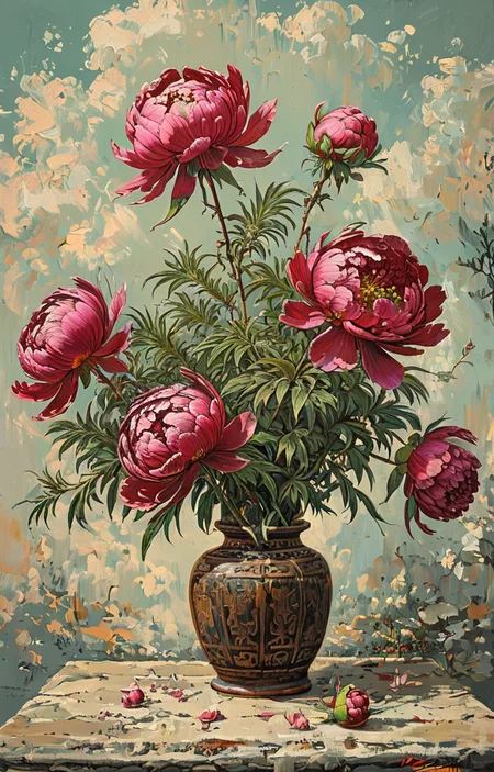 masterpiece,best quality,<lora:tbh5-sdxl:0.9>,illustration, decaying peonies