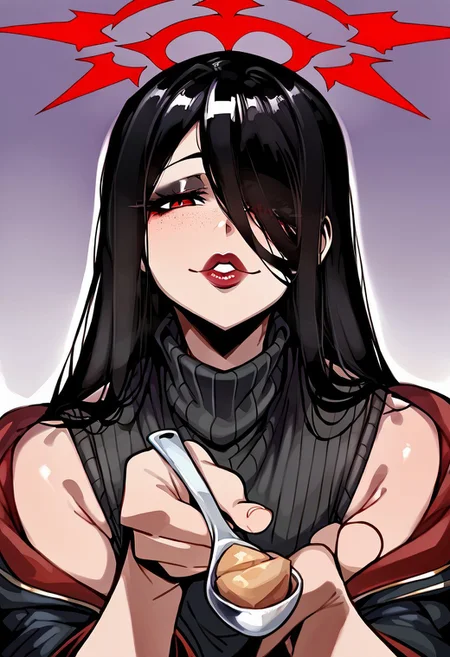 Score_9, score_8_up, score_7_up, score_6_up, Hires,4k,detailed background, hotel lobby, Source_cartoon, doppel style , goth makeup, 1boy,femboy, hasumi (blue archive) , shiny skin, big ass, thick thighs, wide hips, juicy thighs, plump thighs, long legs, freckles, detailed eyes, high quality eyes, large pupils, detailed face, pretty face, beautiful face, seductive look, eyes half closed, loving gaze, akward smile, shy smile, shy, eyeliner, eye bags, makeup, red lipstick, thick lips,big lips, Fleshy lips,Puffy lips,Detailed lips, wide lips, mascara,oversized black turtleneck wool sweater, lower body covered by sweater, barefoot,looking up at viewer,horny, small bulge, steamy, red halo, black hair, red eyes,very long hair, hair over one eye , standing, pov across table, upper body, incoming food, holding spoon
