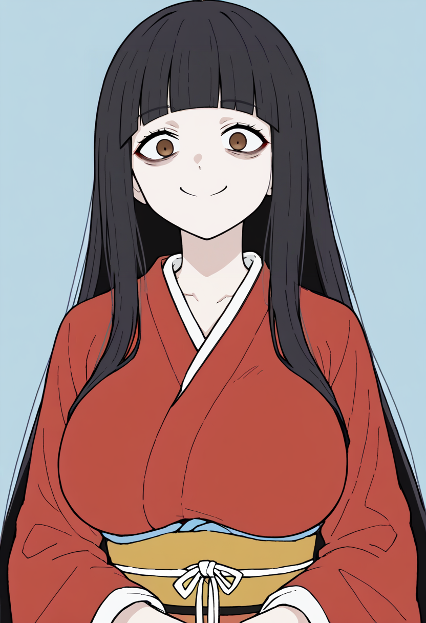 <lora:FlatColor:1.2> flat color, 1girl, solo, brown eyes, pale skin, long hair, hime cut, black hair, constricted pupils, red kimono, large breasts, upper body, smile, looking at viewer,
light blue background, simple background