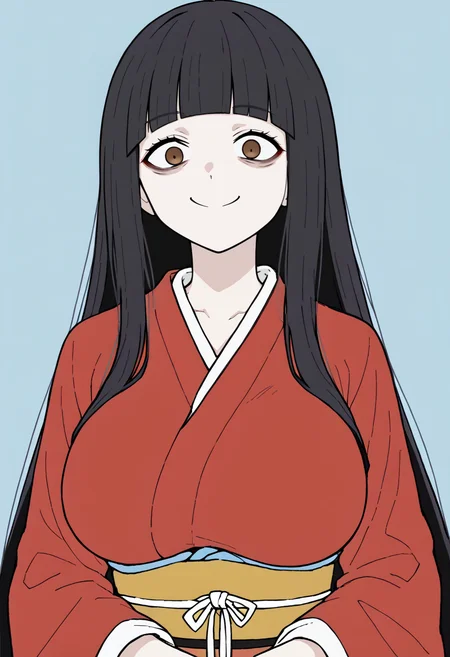 <lora:FlatColor:1.2> flat color, 1girl, solo, brown eyes, pale skin, long hair, hime cut, black hair, constricted pupils, red kimono, large breasts, upper body, smile, looking at viewer,
light blue background, simple background