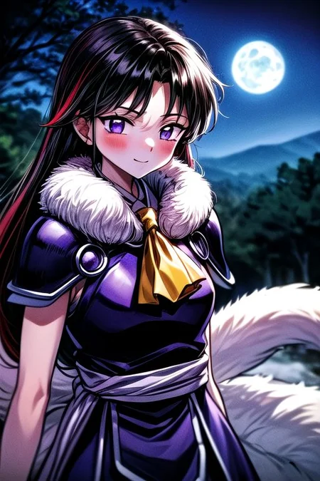 masterpiece, best quality 1girl Setsun4 solo long hair, (night time) forest background black hair very long hair purple eyes multicolored hair armor (fur trim) (medium body),<lora:EMS-179-EMS:0.800000>,<lora:EMS-293862-EMS:0.800000> bow, hair_bow, hair_tubes, red_bow, brown_hair, long_hair, bangs, ascot, frilled_bow, yellow_ascot, blush, smile, hair_between_eyes, athletic, armor, miko