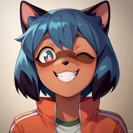 score_9, score_8_up, score_7_up, Michiru Kagemori, Anthro, furry, FACE ONLY, HEAD ON, FACE FOCUS, fur, cute, centered, smile, winking,
