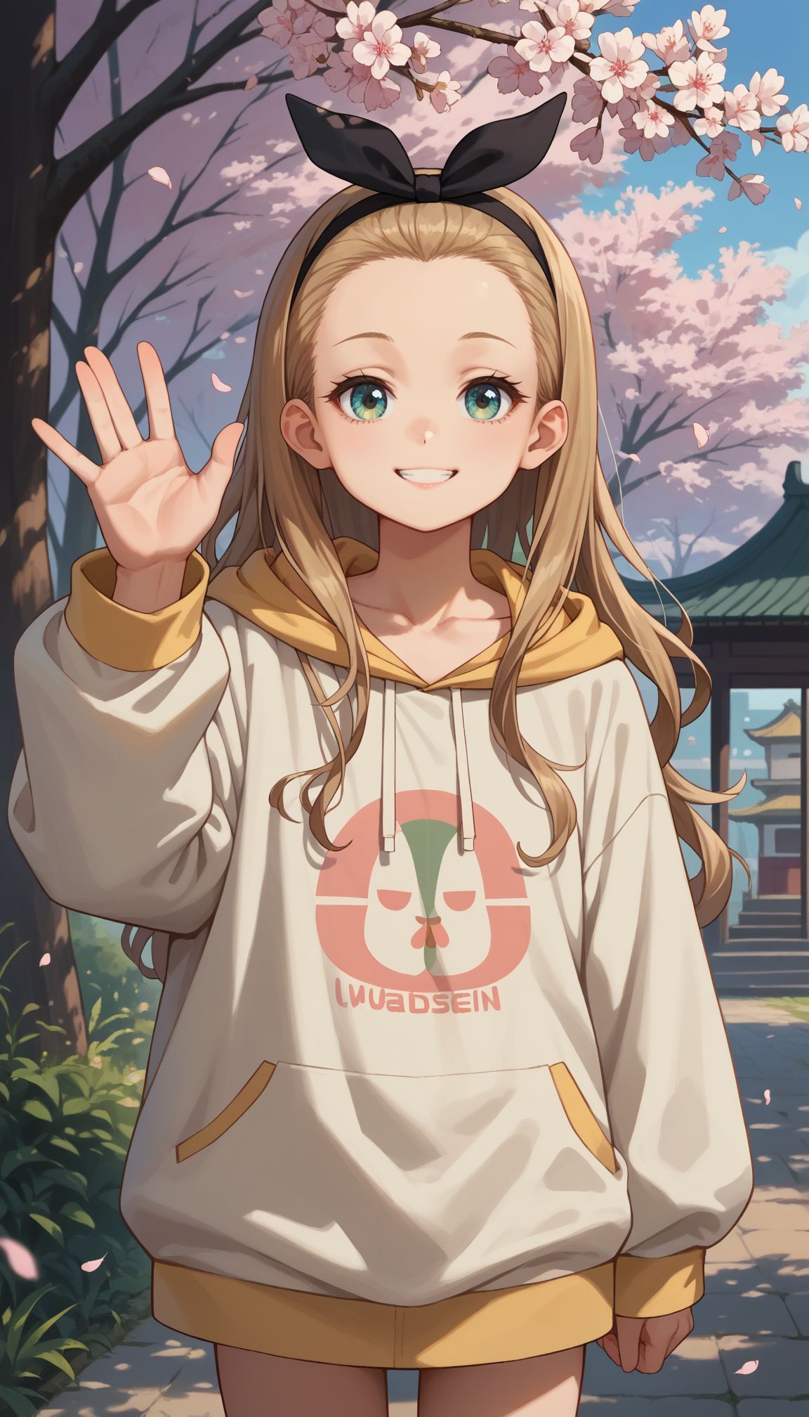 score_9, score_8_up, score_7_up, source_anime, 
outdoors,cherry blossoms,cowboy shot,smile,waving,
 <lora:Kurumi:1> kurumi \(lycoris recoil\),long hair,black hairband,hair ribbon,forehead,collarbone,hoodie,white hoodie,drawstring,long sleeves,sleeves past fingers,barefoot