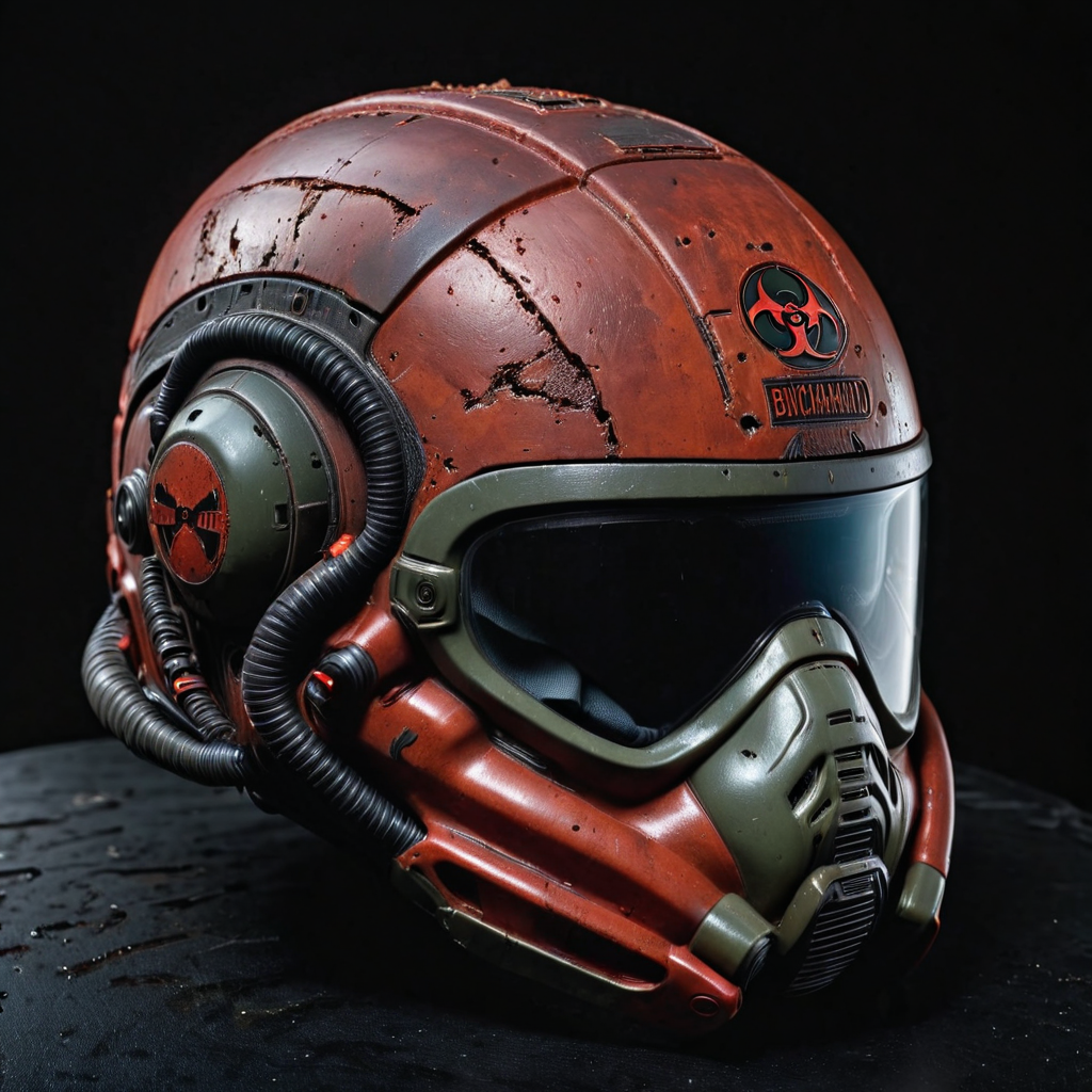 photo focus on military biohazard-helmet, science fiction, cyberpunk, <lora:IteMaker-v1e3:1>, black background, red theme  , grit, (rust:0.65), cracks, cracked surface, subtle messy, dust, weary, edges rusty dusty, surface scratches, peeled sun bleeched paint, smudges, crumbles, rugged, used, film, professional, 4k, highly detailed