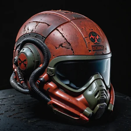 photo focus on military biohazard-helmet, science fiction, cyberpunk, <lora:IteMaker-v1e3:1>, black background, red theme  , grit, (rust:0.65), cracks, cracked surface, subtle messy, dust, weary, edges rusty dusty, surface scratches, peeled sun bleeched paint, smudges, crumbles, rugged, used, film, professional, 4k, highly detailed