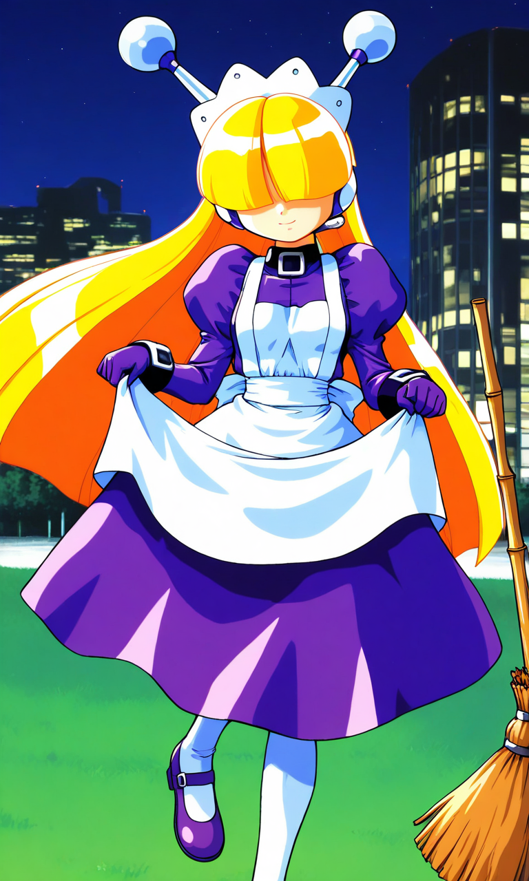 general,highres, ultra-detailed,very aesthetic,best quality ,best hands, BREAK <lora:Tesse_Lombrozo_WakuWaku7_Ver2.1_IS:1>
Tesse_Lombrozo, 1girl, solo, very long hair, blonde hair, hair over eyes, robot ears, maid headdress, small breasts,
maid, purple dress, long sleeves, puffy sleeves, white apron, hime cut, maid apron, 
bangs, juliet sleeves, thighhighs, mary janes, android, shoes, purple gloves,
broom, hold,
cowboy_Shot, light smile,
grass, sky, night, building, light,