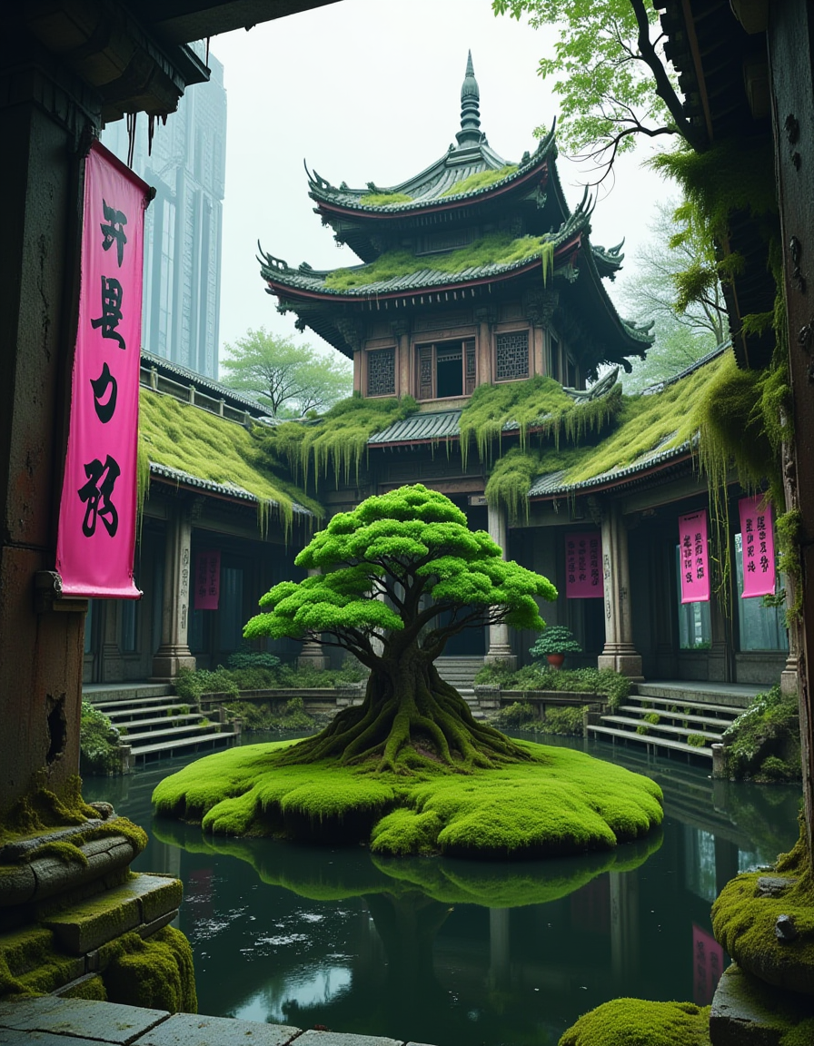 <lora:City_Worlds_02__Lost_-_Temple:1> photo, cw02lost, abandoned, an overgrown wooden traditional asian courtyard temple, with a bright green bonsai on a moss island, surrounded by dark reflective water, crumbling columns and stairs, vertical pink calligraphy banners swaying gently, futuristic cityscape rising in the distance, the main pagoda slightly rotated to the right in one-point perspective, vivid greenery growing across the rooftops, hanging vegetation and exposed roots, subtle lighting from an overcast sky, high-resolution textures, cinematic wide-angle framing, photorealistic, ultra-detailed 8k scene with rich depth and atmosphere, dirty