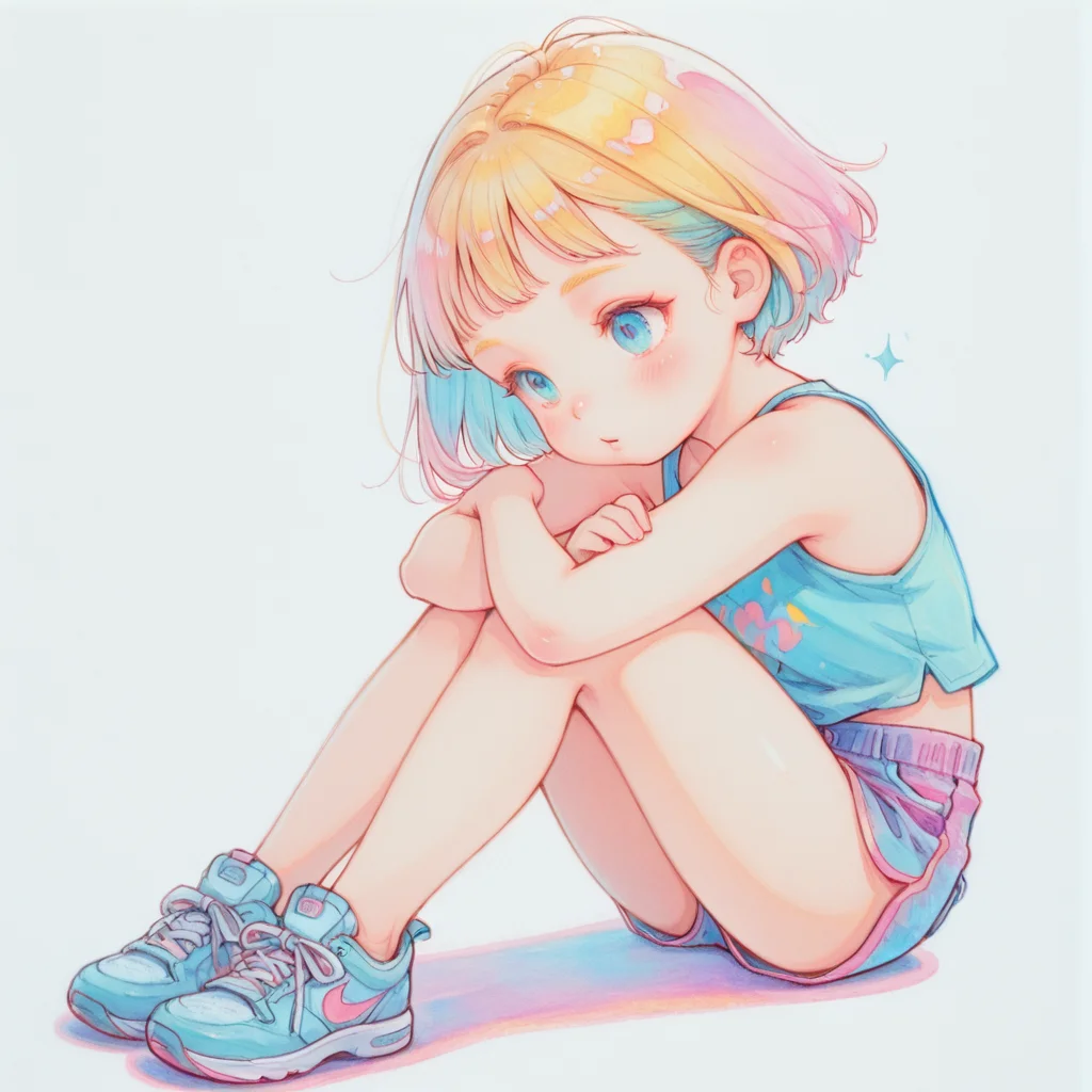 highly detailed, traditional media, cute, colorful, solo, 1girl, tank top, shorts, full body