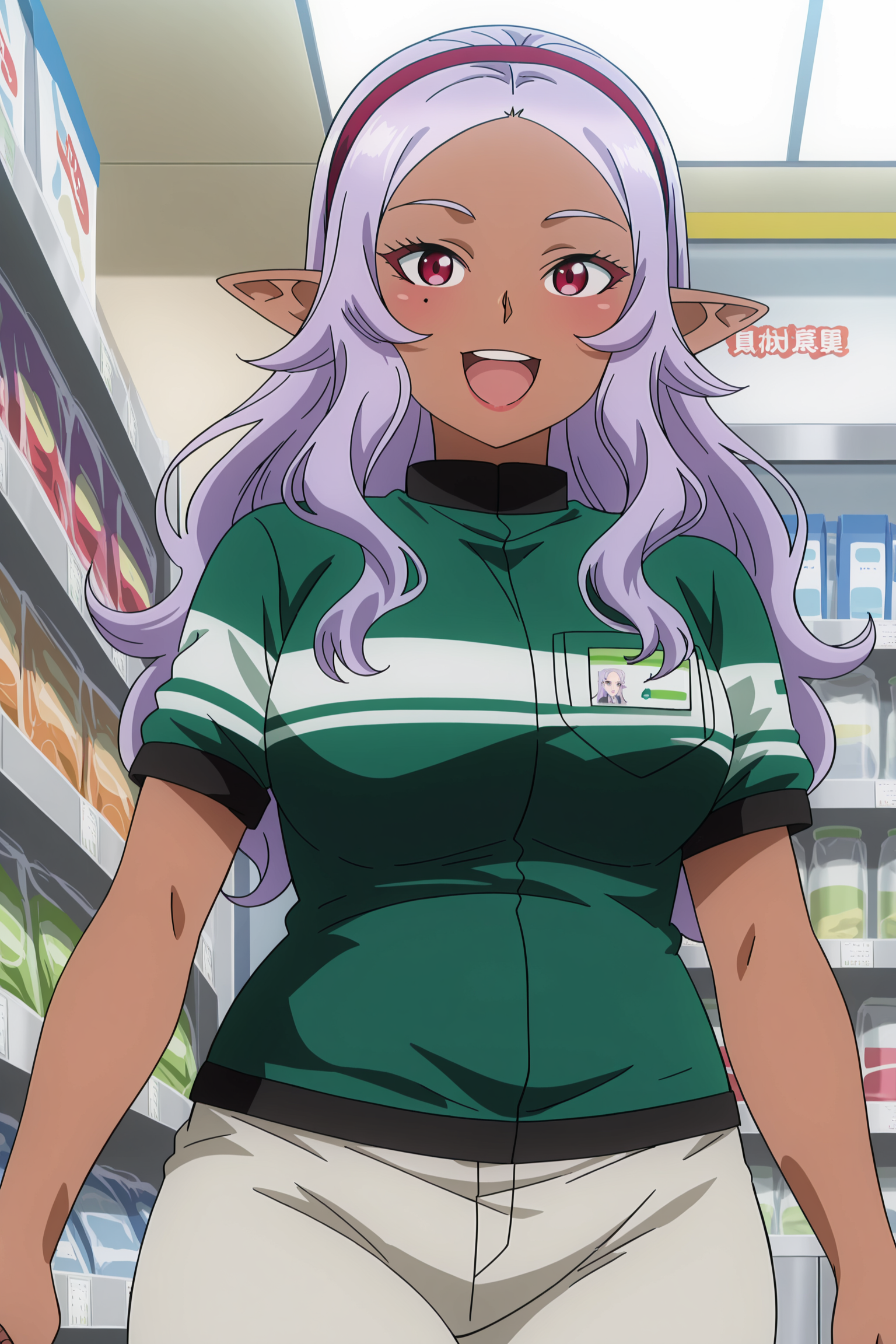 anime screencap, anime coloring, detailed face, masterpiece, best quality, very aesthetic, absurdres, volumetric lighting, official style, amazing quality, ultra detailed,  highres, amazing quality, scenery, beautiful detailed hair, beautiful detailed eyes
 <lora:Kuroeda_Plus-Sized_Elf_-_Illustrious:1>
at a convenience store,
1girl, solo, Kuroeda (character), elf, pointy ears, dark-skinned female, purple hair, red eyes, long hair, mole under girl's left eye, hairband, Kuroeda work shirt outfit, hairband, uniform, pants, name tag,
happy girl, mouth open, big smile, cowboy shot, girl looking at the the viewer, girl standing, :D