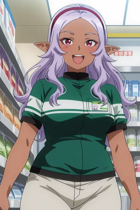 anime screencap, anime coloring, detailed face, masterpiece, best quality, very aesthetic, absurdres, volumetric lighting, official style, amazing quality, ultra detailed,  highres, amazing quality, scenery, beautiful detailed hair, beautiful detailed eyes
 <lora:Kuroeda_Plus-Sized_Elf_-_Illustrious:1>
at a convenience store,
1girl, solo, Kuroeda (character), elf, pointy ears, dark-skinned female, purple hair, red eyes, long hair, mole under girl's left eye, hairband, Kuroeda work shirt outfit, hairband, uniform, pants, name tag,
happy girl, mouth open, big smile, cowboy shot, girl looking at the the viewer, girl standing, :D