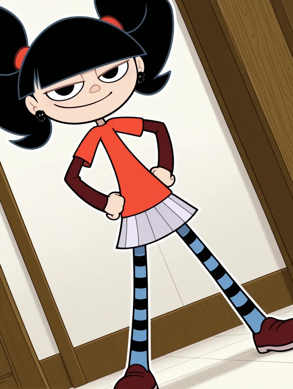 masterpiece,best quality,amazing quality,Gretchen, 1girl, solo, pale skin, black eyes, black hair, bangs, twintails, pigtails, red scrunchies, black skeleton earrings, red t-shirt, maroon long-sleeve shirt, light grey pleated skirt, striped tights, maroon shoes, (smile, dutch angle, Hands on hips,naughty pose, looking at viewer, indoors, elegant room, solo, dynamic pose, full_body, head tilt,),((white background, White frame, white outline))