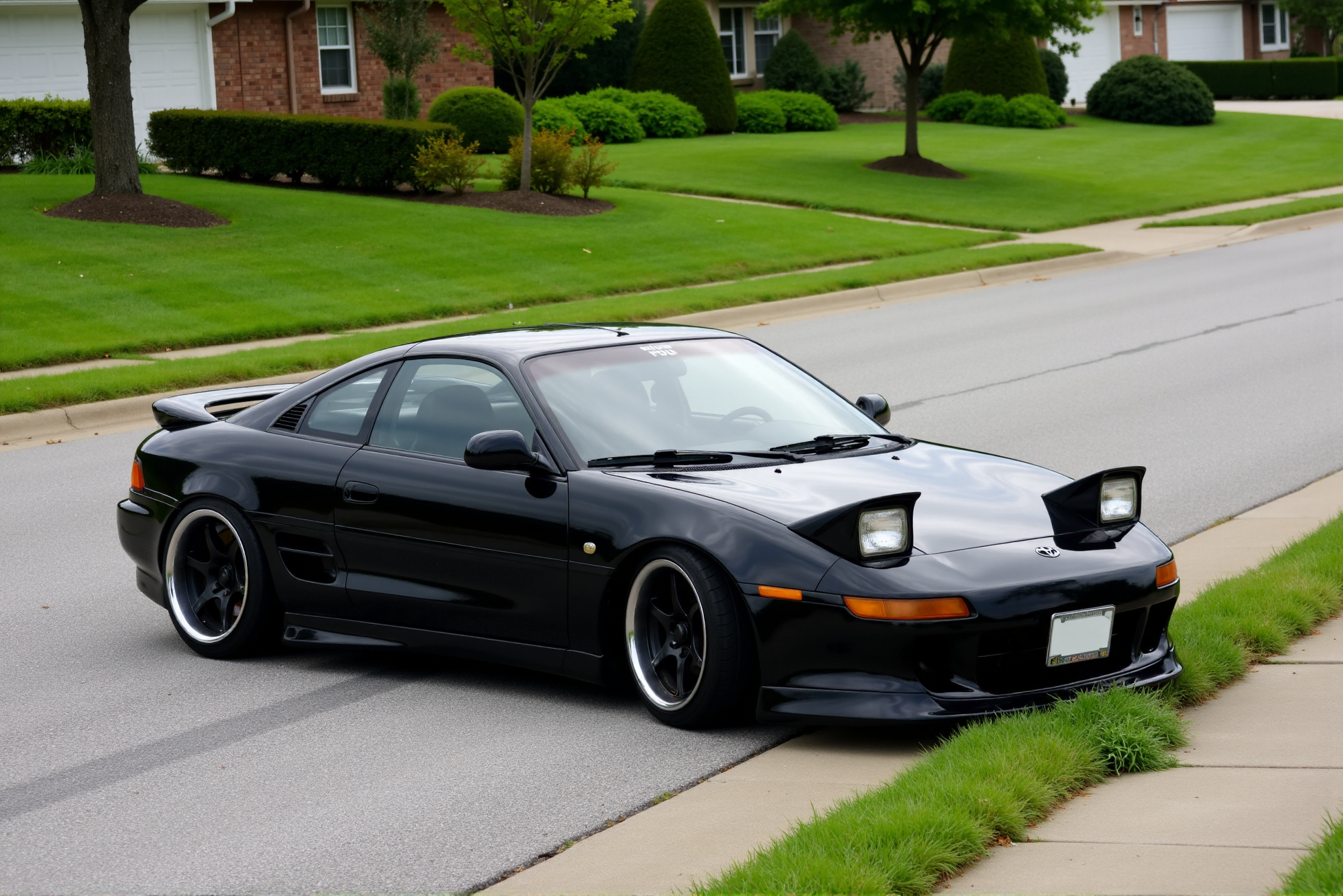 <lora:Toyota_MR2_SW20:0.8> 
A black Toyota MR2 SW20 resting on a wide suburban road near trimmed lawns and manicured curbs, captured in a dramatic low-angle three-quarter view. The paint is pitch-black with a glassy sheen, reflecting the overcast sky and surrounding greenery. The front fascia features a smoothed aftermarket bumper and shaved grille details, giving it a clean, stealth-driven appearance. Deep-dish wheels with polished lips and black centers sit flush with the fenders, paired with low-profile tires and a subtly dropped stance. The body is free of decals or visible badging, reinforcing the sleek monochrome aesthetic. The rear wing arches gently above the trunk, completing the aggressive yet refined silhouette. This composition highlights the MR2âs road presence as a minimalist, built-for-speed street machineâlow, dark, and sculpted with control and intent.
