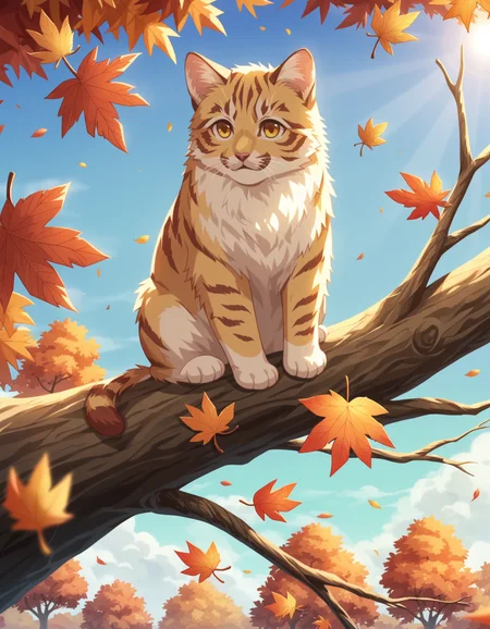 score_9, score_8_up, score_7_up, BREAK
(masterpiece, best quality, (anime screencap:1.5)), cute little cat, perched on a tree branch, large expressive eyes, detailed fluffy fur with autumn leaves gently resting on it, vibrant autumn background with orange and yellow leaves falling, sunlight filtering through the trees creating a warm glow, detailed bark and leaves, playful and joyful expression, intricate and lush autumn foliage, 2d anime style, depth of field, volumetric lighting, high dynamic range, sense of wonder and playfulness, extremely detailed background with layers of autumn leaves, branches, and sunlight, realistic textures and lighting, magical and enchanting atmosphere