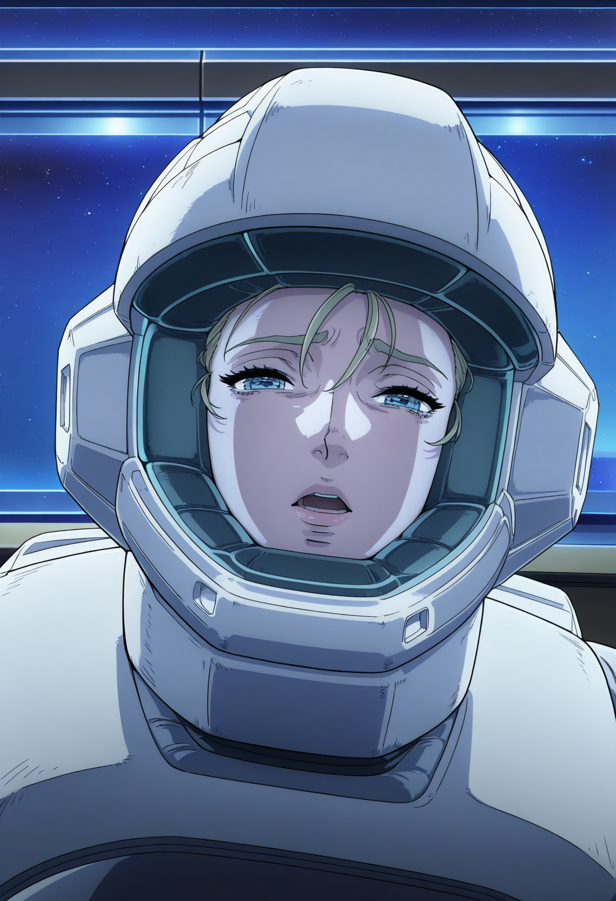 masterpiece, best quality, good quality, <lora:GTBClaudia:0.9>, GTBClaudia, 1girl, solo, blue eyes,
white spacesuit, helmet,
upper body, scared, half-closed eyes, 
BREAK spacecraft interior, dark, window, space, star \(sky\),
