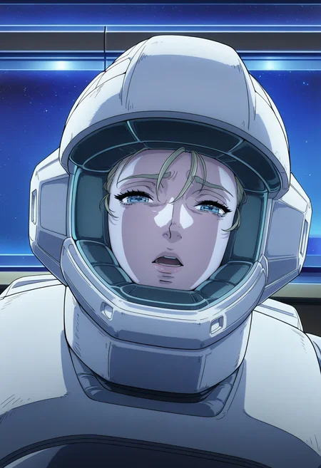 masterpiece, best quality, good quality, <lora:GTBClaudia:0.9>, GTBClaudia, 1girl, solo, blue eyes,
white spacesuit, helmet,
upper body, scared, half-closed eyes, 
BREAK spacecraft interior, dark, window, space, star \(sky\),