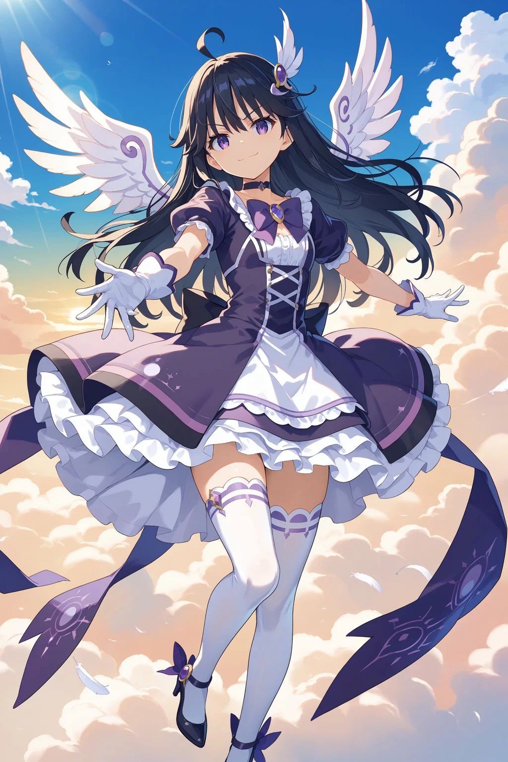 score_max, (score_9, score_8_up, score_7_up:1.2), score_6_up, official art, source_anime,
, masterpiece, absurdres, high detail, 8k,
golden sky, cloud, god rays, aerokinesis, wind magic, feathers,
levitation, outstretched arms, serious, smile, looking at viewer,
2d, kamisaman, ahoge, black hair, long hair, magica2019, wing hair ornament, purple dress, puffy short sleeves, choker, purple bow, bowtie, white gloves, purple skirt, white thighhighs, high heels, wings,
<lora:XL_Pony_MGCM-kamisaman-t1:1.1>
