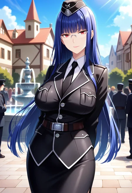 masterpiece, best quality, amazing quality,meiya, red eyes, blue hair, long hair, mature female, glasses, 1girl, solo, military uniform, hat, black skirt, belt, black necktie,breasts, large breasts, pencil skirt,black jacket, white shirt,closed mouth, light smile, standing, looking at viewer, cowboy shot, town, medieval, building, fountain, blurry background, people, day, blue sky <lora:meiyaV1:0.8>