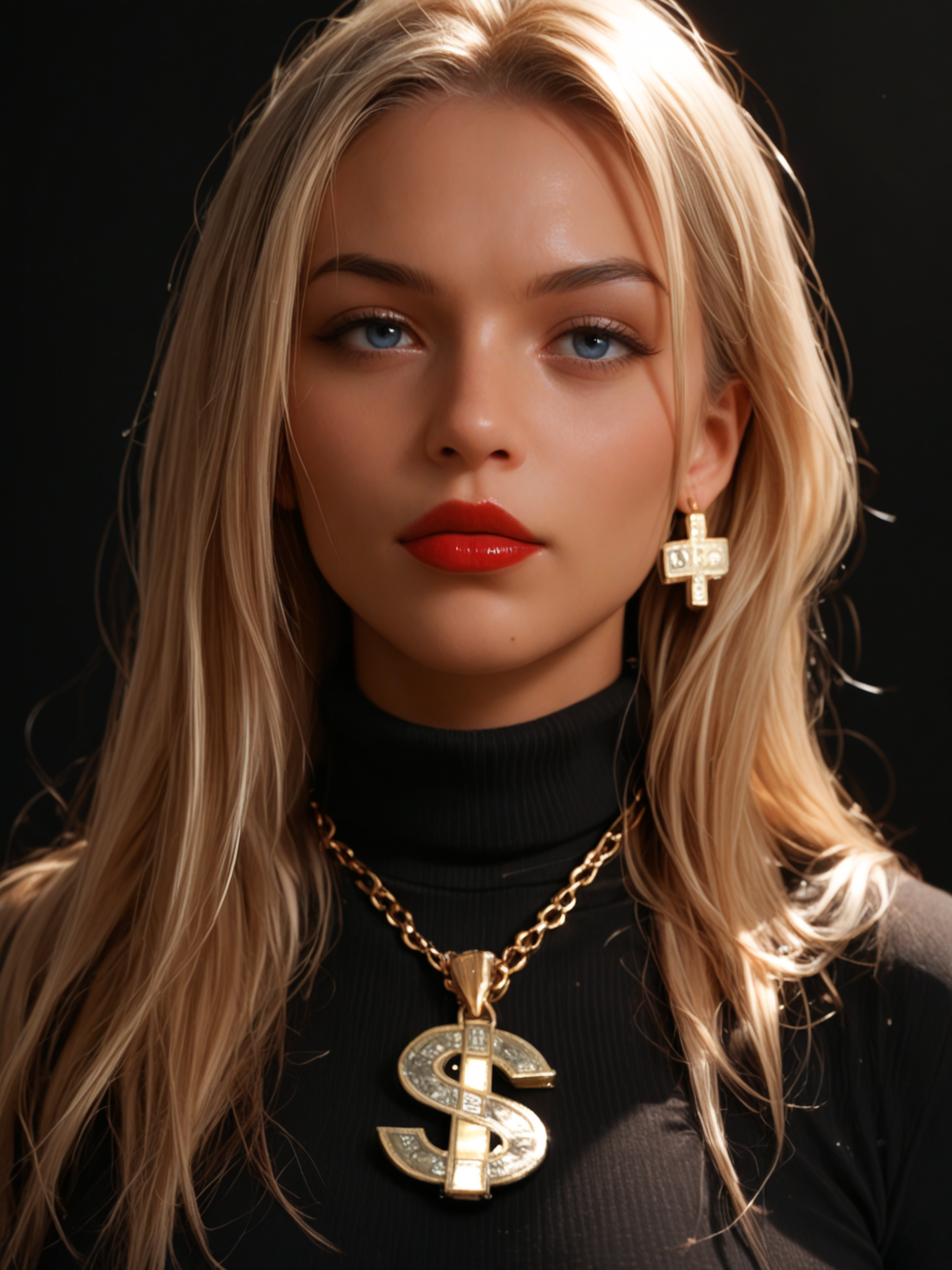 score_9, score_8_up, score_7_up, score_6_up, 1girl, blonde hair, long hair, blue eyes, red lips, dollar necklace, black background, turtleneck, large breasts, <lora:dollar_necklace_mabusius_pony_v1.0:0.9>