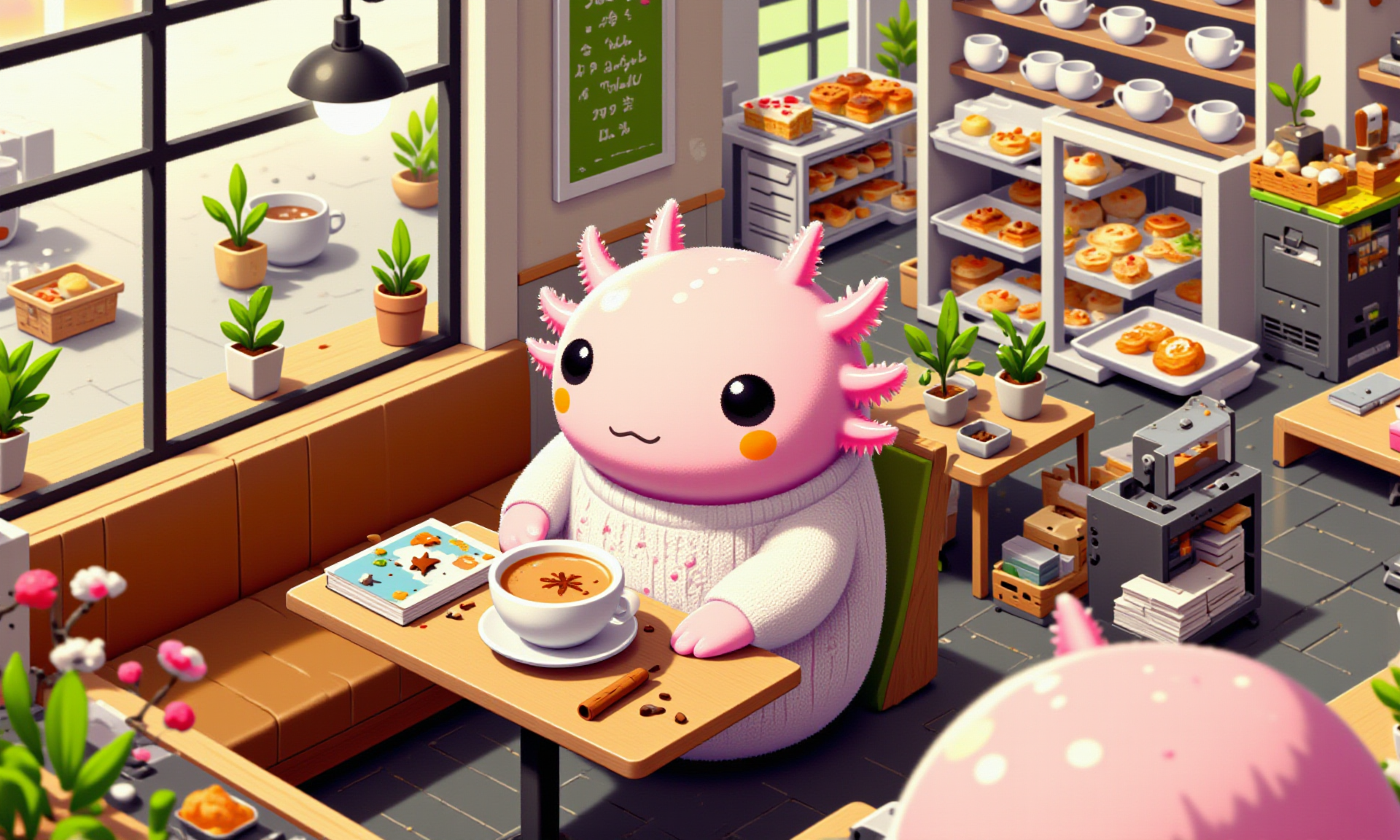 digital illustration in a vibrant, cartoon style, featuring (SUBJECT), axolotl, image of tiny cute anthropomorphized axolotls with pink frilly gills and round black eyes,  high-angle shot of a pink axolotl curled up in a booth in a little corner cafÃ©, dressed in a soft knit sweater and holding a warm chai latte with cinnamon on top; its frilly gills are relaxed, and its round black eyes are half-closed as it enjoys the calming aroma; tiny potted plants, a soft lamp, and a stack of books add detail, while the tilt-shift effect softly blurs the background of shelves lined with pastries and coffee mugs, creating an inviting, quiet moment in the cozy cafÃ©<lora:Axomodel_Flux_V2.safetensors:1.0:1.0> <lora:Katamari_Damacy_Style_FLUXCaption-000015.safetensors:1:1>