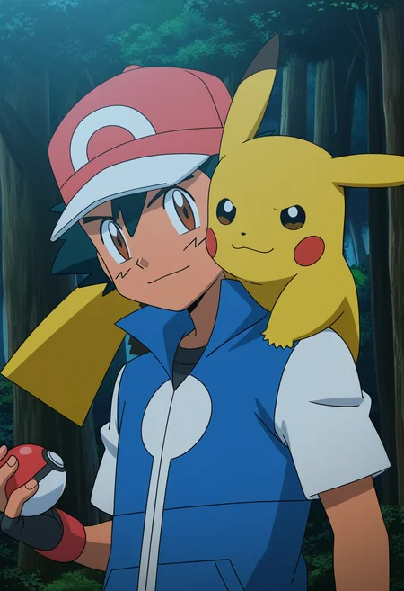 anime coloring, 1boy, ash ketchum, pokemon, pokemon \(creature\), pikachu, pikachu on shoulder, hat, upper body, looking at viewer, holding pokeball, forest, dramatic lighting, highres, anime screenshot