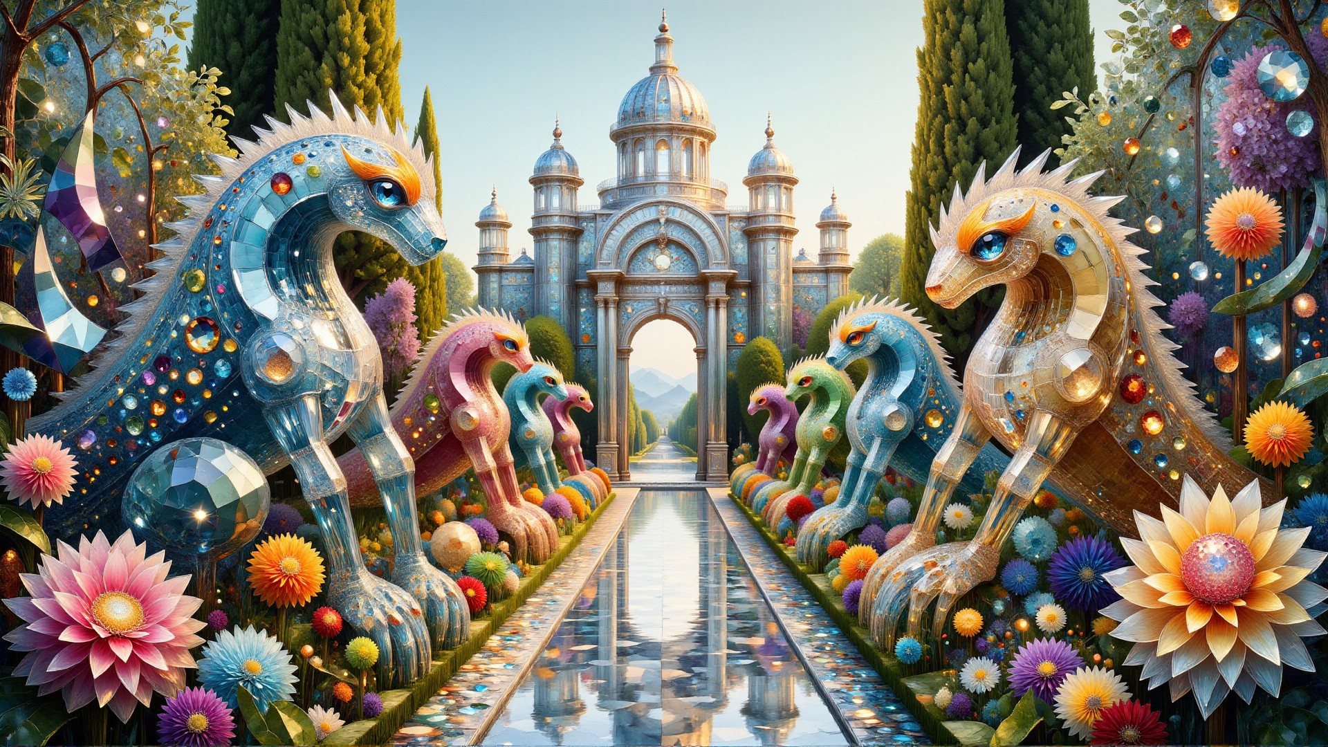 The basic cs-cr1stal scene is wide-angle view of spring formal garden, spotlit topiary of monsters. The picture combines Magic Realism monumental elements with a modern interpretation characterized by elegant lines, a Moroccan color palette, and intricate recursive details. The background skilfully blends shapes into a Surrealist backdrop. <lora:midjourney_whisper_chromaplex_v1:0.8> <lora:Crystality Flux_v1:0.8>