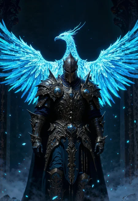 a knight in detailed, ornate armor walking forward. The armor is metallic and intricately designed, with a dark, bluish hue. The knight's face is obscured by a helmet, adding an air of mystery. Behind the knight, a large, ethereal bird with glowing blue feathers spreads its wings, creating a striking contrast against the darker background. The bird appears to be made of energy or light, with a luminescent quality. The scene is set in a mystical environment, with particles of light floating in the air, enhancing the magical atmosphere. The overall composition is dynamic, with the knight and bird positioned centrally, drawing the viewer's attention.