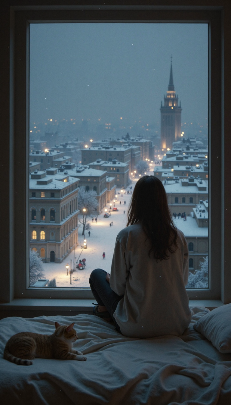 detailed city, A young woman sits contemplatively on a disheveled bed, her back to the viewer, gazing out a large window at a dusky, snow-dusted cityscape. Render this scene in a meticulously detailed, hyperrealistic style, emphasizing the contrast between the warm, inviting interior and the cold, imposing exterior. The woman's hair should cascade down her back, obscuring her features, her pose conveying a sense of quiet introspection. A small cat perches on the bed beside her, its gaze mirroring the woman's outward focus. Bathe the scene in soft, diffused light emanating from the city lights, reflecting off the falling snow and casting long, dramatic shadows across the room. The camera angle should be a medium shot, capturing both the woman's solitude and the grandeur of the city beyond the window. Focus on the interplay of light and shadow, texture and detail, to evoke a palpable sense of atmosphere and emotional resonance.