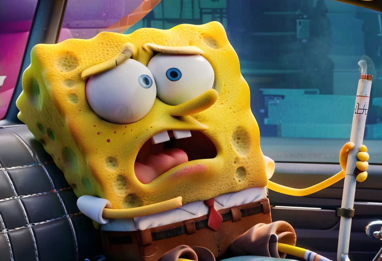 SpongeBob SquarePants is riding a scooter with sysdeep_elsa sitting on the back seat. sysdeep_elsa is tightly hugging SpongeBob, her face pressed against his back. SpongeBob has a tired and apathetic expression, with a cigarette dangling from his mouth. The camera angle captures a side view of the scene, focusing on the characters and their expressions.