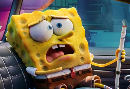 SpongeBob SquarePants is riding a scooter with sysdeep_elsa sitting on the back seat. sysdeep_elsa is tightly hugging SpongeBob, her face pressed against his back. SpongeBob has a tired and apathetic expression, with a cigarette dangling from his mouth. The camera angle captures a side view of the scene, focusing on the characters and their expressions.