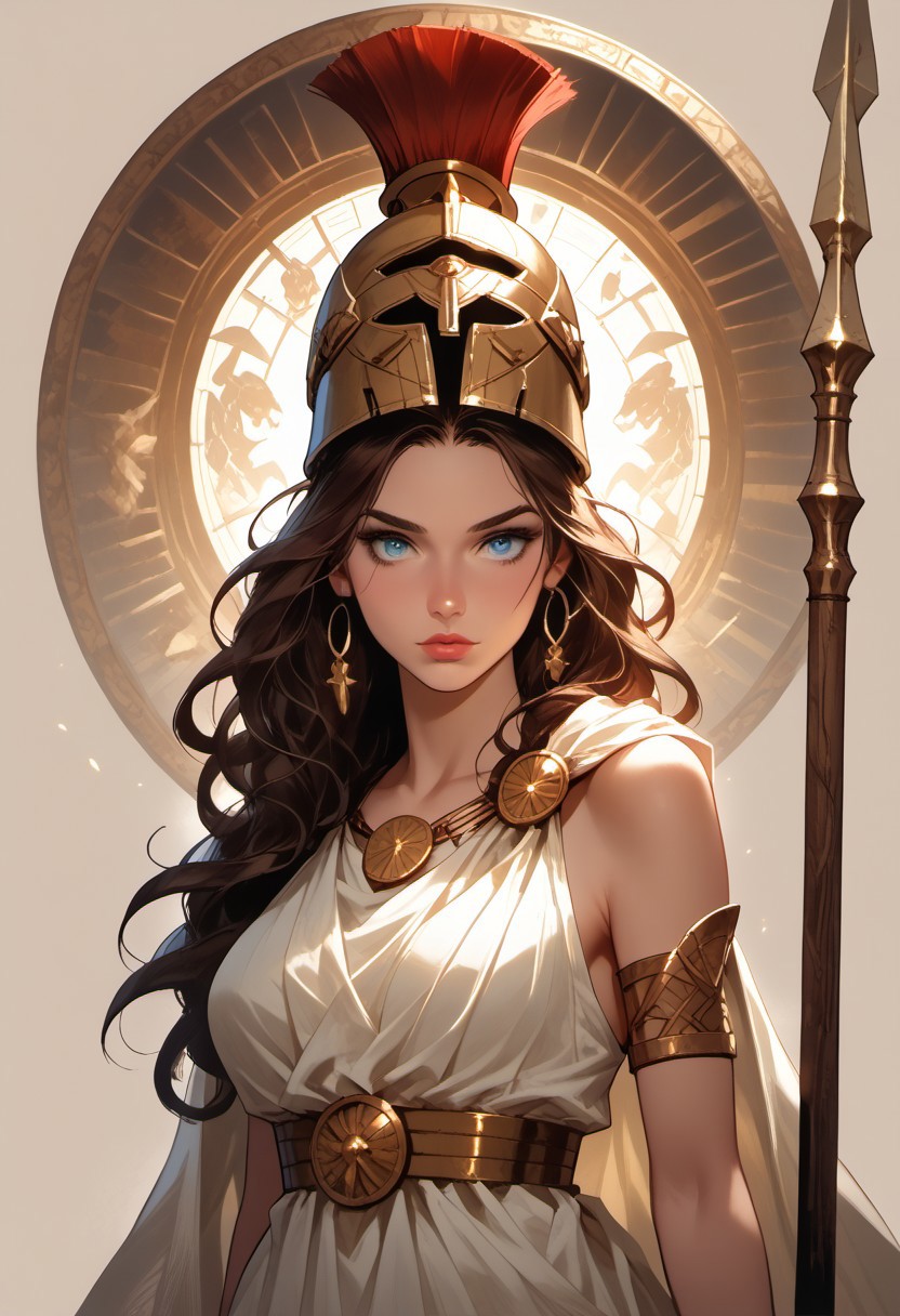 Stable_Yogis_PDXL_Positives, (score_9, score_8_up, score_7_up), ((Greek mythology style)), ((face focus, eye focus, dynamic angle, motion)), 1girl, solo, fantasy, (greek_athena, helmet ontop of head, brown hair, long hair, toga, armor, sandals), (ancient greek clothes), (armor), (holding spear), lace, cape, breathless intimacy, tanned skin, petite model bombshell, heart, young, delicate features, narrow pointy nose, tiny nose, lust, big eyes, seductive eyes, blue eyes, detailed skin, flared lashes, mascara, makeup, perky huge breasts, athletic body, narrow waist, skinny hips, 
warm light, detailed, neon dark party
 BREAK
milky way, runes, arcane, astral, surreal, ethereal glow, masterpiece, best quality, intricate design. colorful, moonlit nightsky, stained glass aesthetic, moody whimsical color palette, murano glass, bold soldering lines, volumetric light shining through, crepuscular rays, intricate craftsmanship, detailed texture, luminous transparency, reflective light play, vivid hues, atmospheric depth, enchanting silhouette, art nouveau,