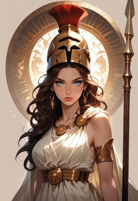 Stable_Yogis_PDXL_Positives, (score_9, score_8_up, score_7_up), ((Greek mythology style)), ((face focus, eye focus, dynamic angle, motion)), 1girl, solo, fantasy, (greek_athena, helmet ontop of head, brown hair, long hair, toga, armor, sandals), (ancient greek clothes), (armor), (holding spear), lace, cape, breathless intimacy, tanned skin, petite model bombshell, heart, young, delicate features, narrow pointy nose, tiny nose, lust, big eyes, seductive eyes, blue eyes, detailed skin, flared lashes, mascara, makeup, perky huge breasts, athletic body, narrow waist, skinny hips, 
warm light, detailed, neon dark party
 BREAK
milky way, runes, arcane, astral, surreal, ethereal glow, masterpiece, best quality, intricate design. colorful, moonlit nightsky, stained glass aesthetic, moody whimsical color palette, murano glass, bold soldering lines, volumetric light shining through, crepuscular rays, intricate craftsmanship, detailed texture, luminous transparency, reflective light play, vivid hues, atmospheric depth, enchanting silhouette, art nouveau,