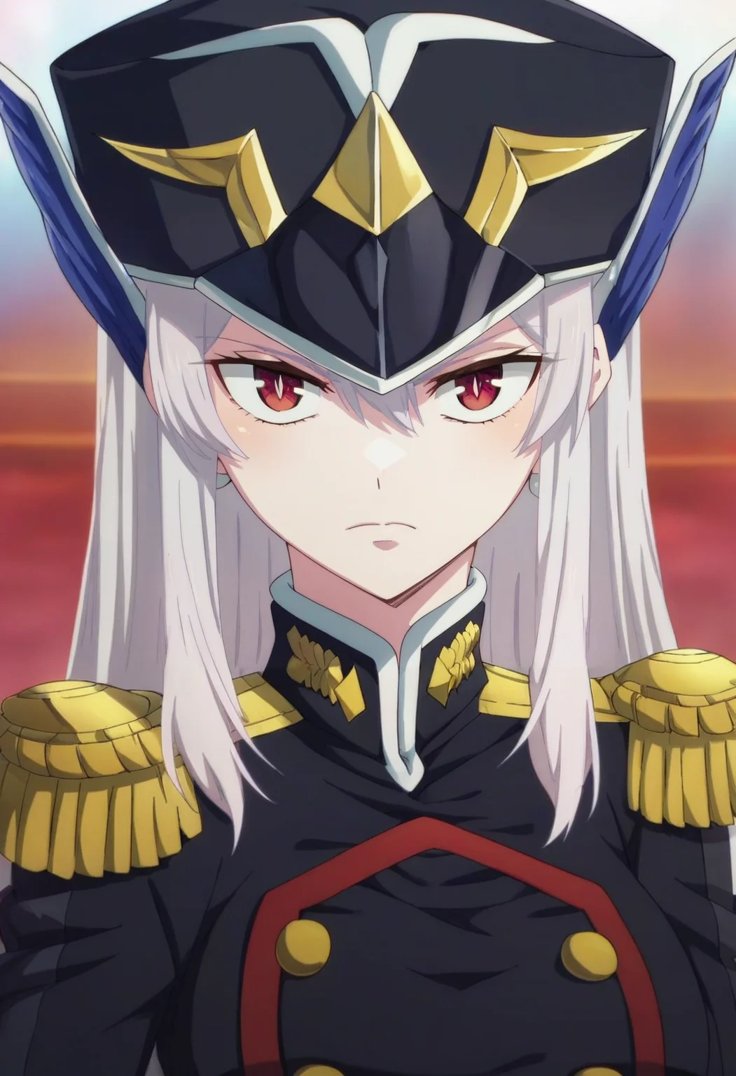 kyouka uzen, long_hair, 1girl, solo, white_hair, red_eyes, hair_between_eyes, large_breasts, hat, uniform, military, epaulettes, military_uniform, looking at viewer, upper body <lora:Kyouka UzenXL:1>, score_9, score_8_up, score_7_up, score_6_up, score_5_up, score_4_up ,BREAK source_anime, anime
