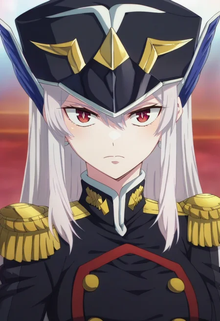 kyouka uzen, long_hair, 1girl, solo, white_hair, red_eyes, hair_between_eyes, large_breasts, hat, uniform, military, epaulettes, military_uniform, looking at viewer, upper body <lora:Kyouka UzenXL:1>, score_9, score_8_up, score_7_up, score_6_up, score_5_up, score_4_up ,BREAK source_anime, anime