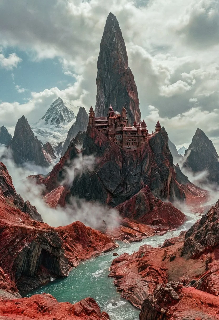 towering mountains loom, their peaks veiled in mist.precious stones, intricate details, natural lighting, volumetric the headset A black and creative photoshoot, unreal render 8k., arguing, bent over in frustration, holding towel, with lightning and clouds swirling around him in all its glory. swirlysci-fi red intricately detailed, complex, elegant, expansive, fantastical, film photography style, medium grain, FRESHIDESH Moebius comic book