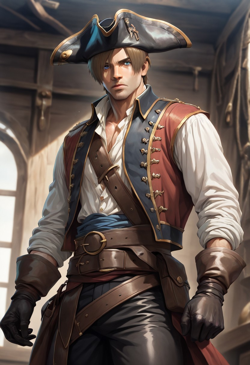 masterpiece, best quality, newest, absurdres, highres, anime, anime style, PAV1.0IL, pirate, pirate hat, 
1boy, leon s. kennedy, brown hair, blue eyes, gloves,