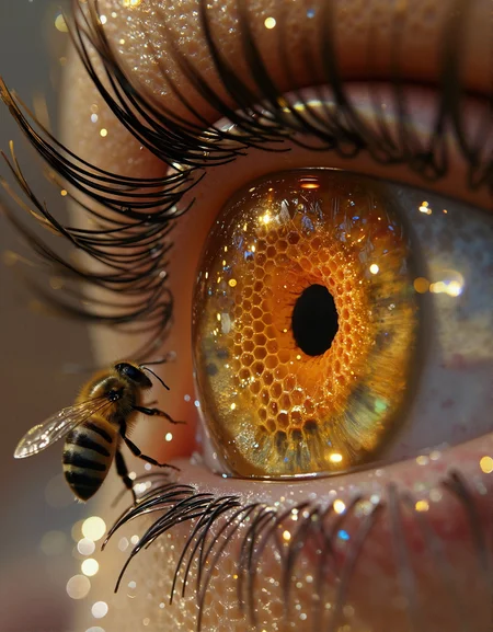 Illustrate a surrealist, macro-level close-up of a human eye with a perfectly formed honeycomb pattern fused into the iris, where the hexagonal cells appear to extend inward like a tunnel of light and order, each chamber subtly pulsing with golden illumination. The pupil rests at the center of this hive tunnel, a dark portal surrounded by symmetry and structure, suggesting a balance between organic instinct and intelligent design. The skin surrounding the eye is covered in a biomimetic mesh resembling beehive architecture—hexagonal tessellations that stretch like scales across the lid, brow, and upper cheek, blending seamlessly with natural skin tones. A single honeybee lands delicately on the lower eyelid, its tiny wings catching the ambient light, its fine legs gently touching the boundary between the hive eye and human skin as though delivering a secret. The bee is captured in perfect anatomical realism, its eyes reflecting the honeycomb pattern it seems drawn to. The eyelashes curve like antennae, slightly iridescent at the tips, creating a unified aesthetic between insect and human. Lighting should be dramatic but intimate—highlights glinting off the wet iris surface, shadows forming between the skin’s honeycomb ridges, and a subtle lens flare in the reflection of the bee’s eye. The concept should convey the union of nature and consciousness, where the eye becomes the central organ of the hive—a visual metaphor for collective intelligence, ecological awareness, and the quiet, powerful intelligence of pollinators in a shared biosphere. Let the entire composition radiate reverence for the elegance of bees, the miracle of vision, and the hidden geometries of nature woven into the human form.                                       <lora:Surreal_Photo:0.6000000000000001> <lora:FluxDFaeTasticDetails:0.4000000000000001>