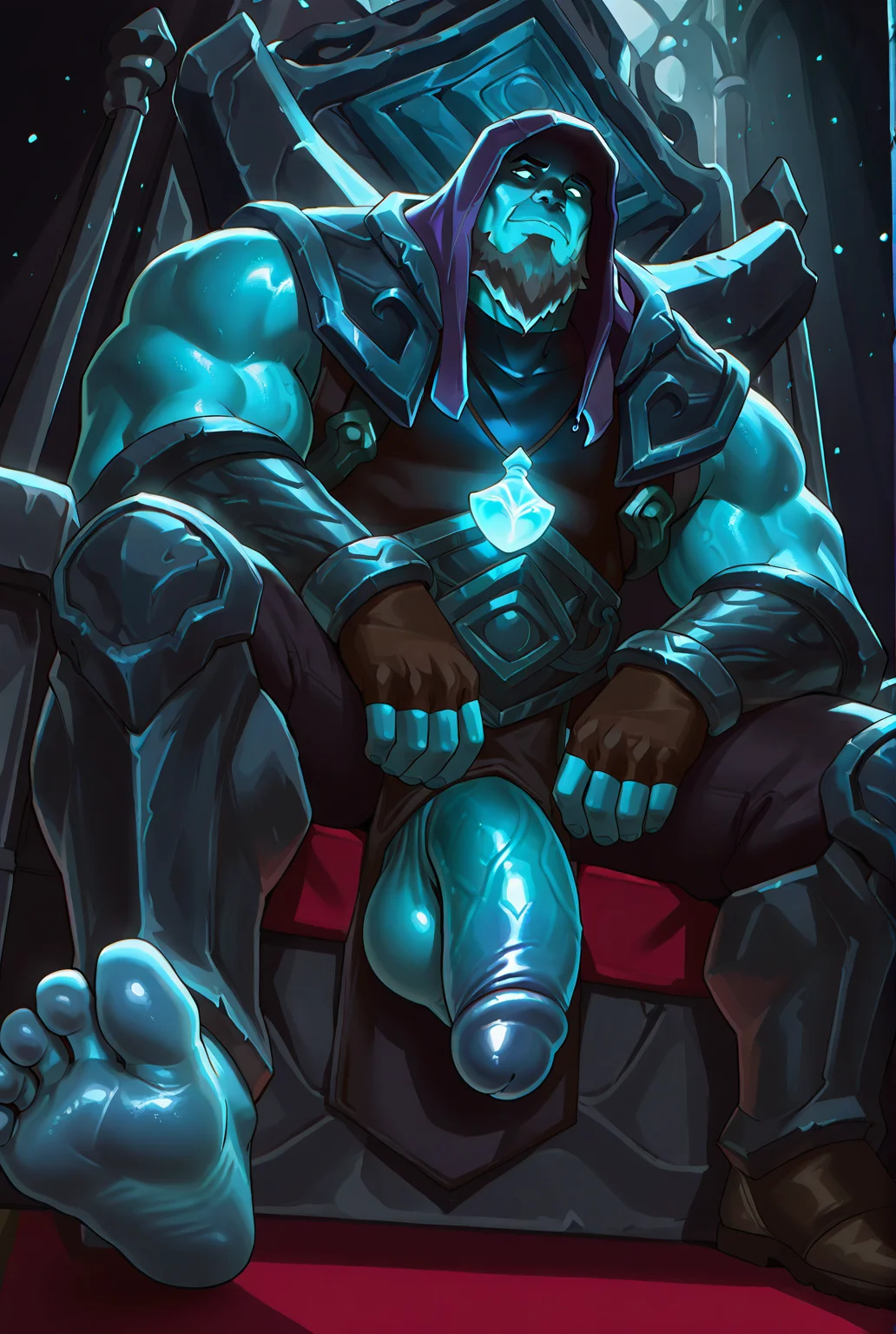 very awe,aesthetically pleasing,masterpiece,best quality,amazing quality,very aesthetic,ultra-detailed,high resolution,8k,1boy,solo,full body,bara,male focus,detailed face,hood,glowing eyes,facial hair,beard,hood up,muscular,armor,colored skin,fingerless gloves,looking at viewer,from below,sitting,spread legs,soles,large penis,testicles,flaccid,throne,<lora:yorick LOL:0.7>,y0rick lol,<lora:League_of_Legends__illustrious-XL:0.5>,